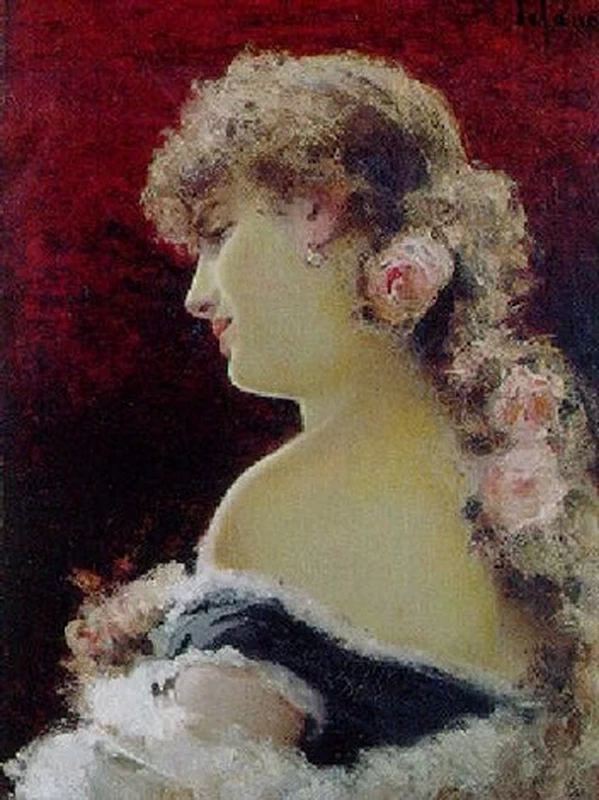 La bellezza. Ritratto di giovane donna con rose nei capelli